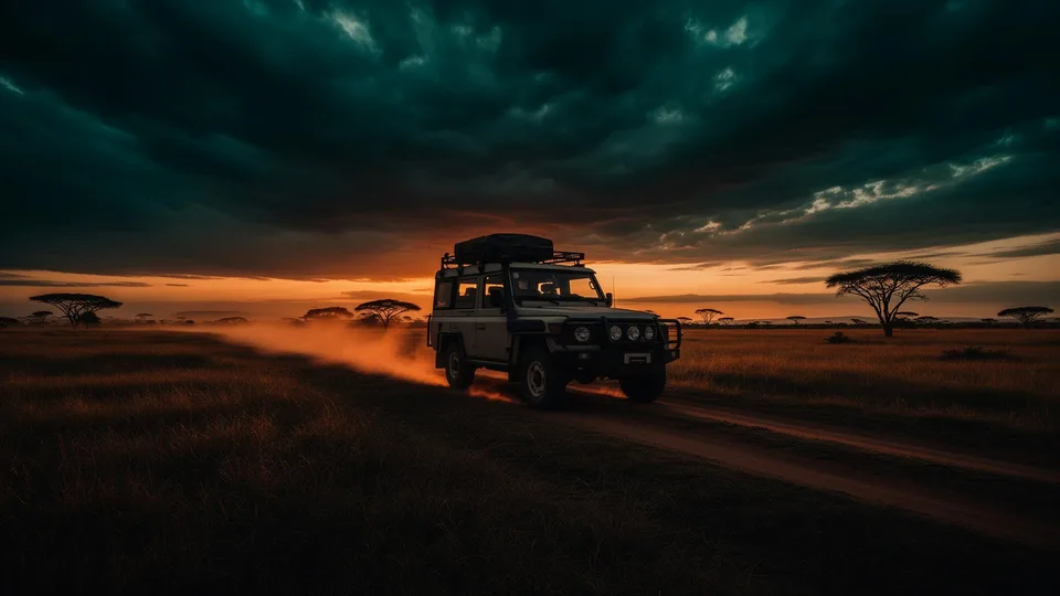 4x4 in der Savanne bei Sonnenuntergang